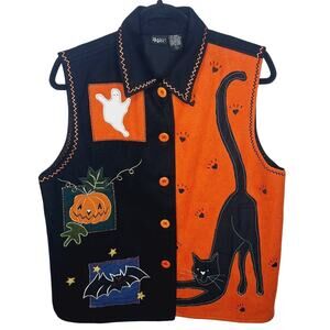 Vintage PBX Halloween Vest Large Wool Felt Embroidered Pumpkin Black Cat Bat